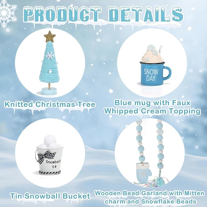 Winter Decoration for Home 8 PCS Tiered Tray Decor Set, Cute Christmas Blue Winter Wonderland Decor for Home Tray Shelf Fireplace Mantel Office Desk Indoor Snowman New Year Holiday Decorations Set