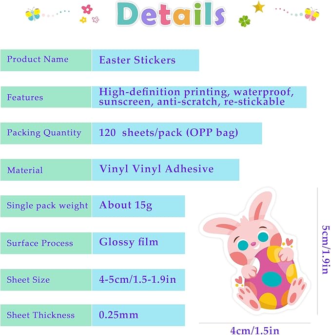 OHOME Easter Stickers | 120 PCS Egg Bunny Stickers for Kids -Easter Egg Stuffers - Vinyl Easter Games Crafts Activities Party Favors Basket Stuffers - Kids Gifts for Boys Girls