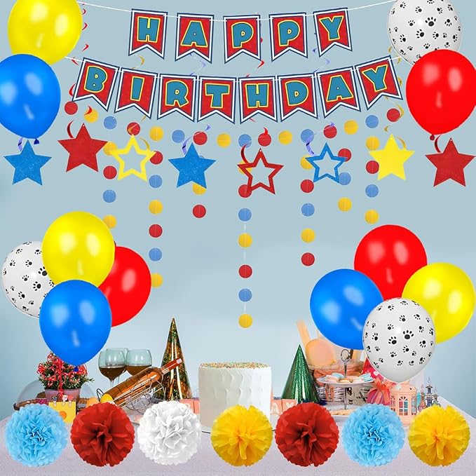Dog Themed Party Decoration Set Includes Banners, Latex Balloons, Paper Flowers and Swirls for Pet Puppy Themed Birthday Party Supplies