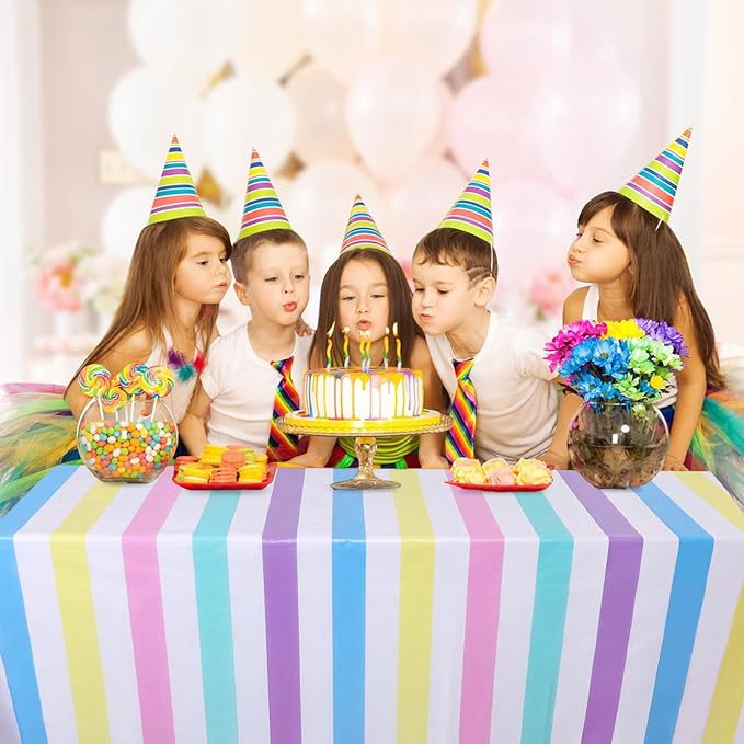 Kesfey 3 Packs Rainbow Striped Table Cloth 54 x 108 Inches Pastel Rainbow Party Table Covers Disposable Plastic Ice Cream Pastel Tablecloths Waterproof Rectangle Birthday Tablecover for Baby Shower
