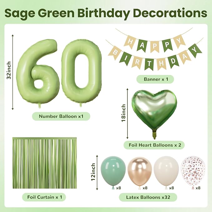 Sage Green 60th Birthday Decorations, Sassy 60 Party Supplies for Women Men, Sand White & Cream Balloon Kit with Green Number 60 Balloon and Fringe Curtains