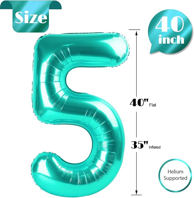 Teal Number 5 Balloon 40 Inch, 5 Balloon Number, 5th Birthday Decorations, Teal Party Supplies for Boys Girls