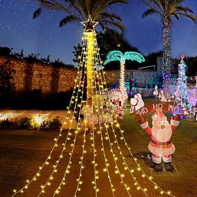 FUNIAO (New Christmas Decoration Lights, 320 LED Waterfall Christmas Tree Lights with 12" Star Topper, 8 Modes Indoor Outdoor String Lights for Yard, Party, Home, Holiday (Warm White)