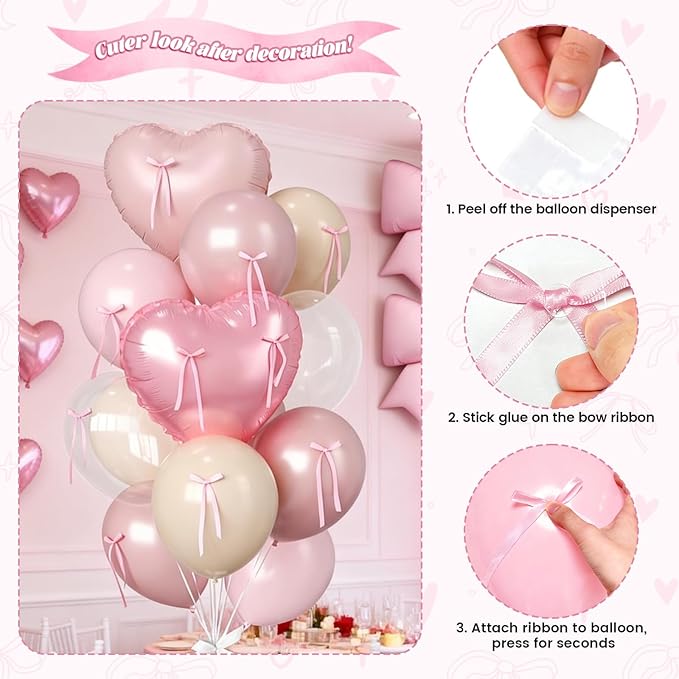 16Pcs Pink Heart Balloons, 38 Inch Bow Balloons, Double Stuffed Pearl Pink Clear Balloon and Bow Heart Shaped Foil Balloon for Girls Birthday Wedding Bridal Baby Shower Valentines Day Decorations