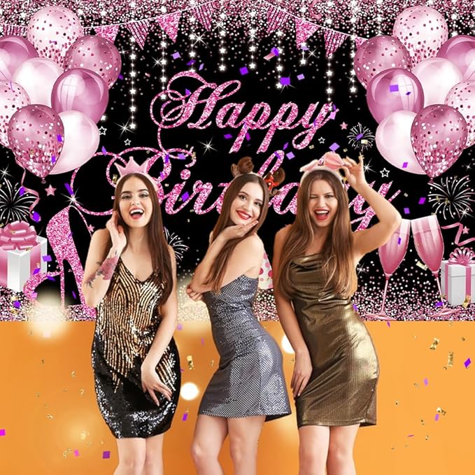 Happy Birthday Banner - Birthday Decorations for Women Girls Pink Birthday Party Banners Welcome Happy Birthday Background Sign for Theme Party Decorations Indoor Outdoor