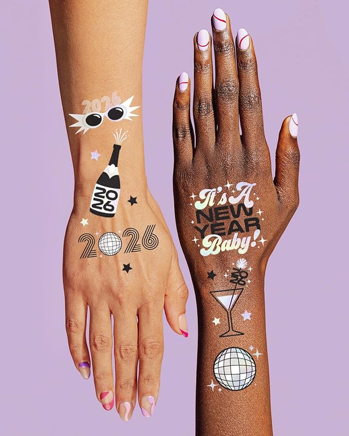 xo, Fetti New Years Eve Party Supplies Tattoos - 42 Foil Styles | Disco NYE Party Favors, Happy New Year Decorations, NYE 2026 Decor