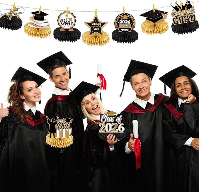 Yisong 9 Pieces 2026 Graduation Party Table Decorations Class of 2026 Congrats Graduation Centerpieces for Tables Congratulate Honeycomb Centerpiece Topper for Grad Party Supplies(Black Gold)