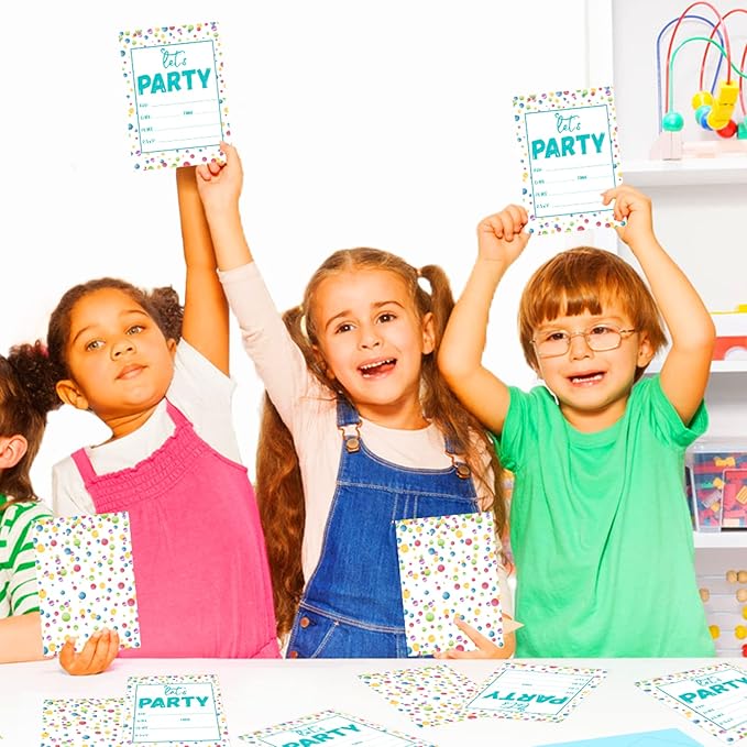 30 Pieces Confetti Birthday Invitations LET'S PARTY Watercolor Dot Invitation Set for Boys Girls Kids Birthday Invitations with Sticker Labels Envelopes Rainbow Polka Dot Party Supplies Decorations