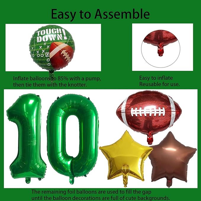 Football Balloons Foil Football Birthday Decorations Balloons Green Number 10 Balloon Gold Brown Star Touchdown Ballons for Rugby Birthday Decorations Sports Ballons Arch Kits Party Balloon Sets 10pcs