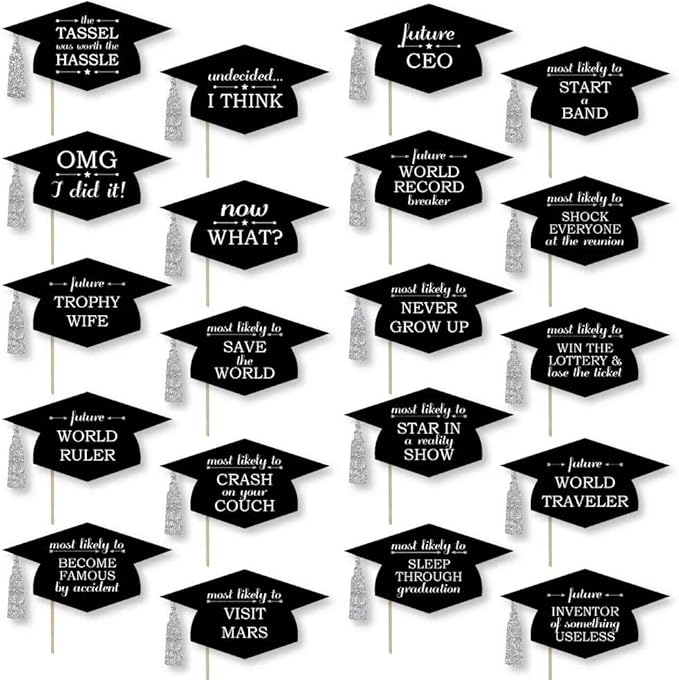 Big Dot of Happiness Silver - Hilarious Graduation Caps - Graduation Photo Booth Props Kit - 20 Count