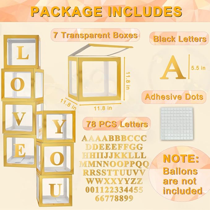 Ledido Gold Transparent Balloon Boxes With 78 Letters Numbers, Baby Boxes with Letters for Baby Shower Clear Letter Boxes for Party Graduation Wedding Birthday Baby Shower Decorations 7 PCS