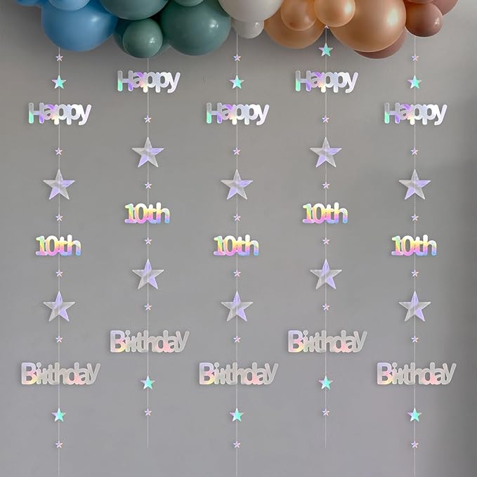 Iridescent 10th Birthday Decorations for Girls Boys Metallic Twinkle Stars Garland Hanging Streamers Double Digits Bunting Banner Party Backdrop Decor Suppliess