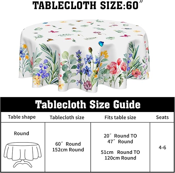 Spring Summer Floral Round Tablecloth 60 Inch Wildflower Butterfly Table Cloth Washable Farmhouse Table Covers Holiday Table Cover for Kitchen Party Dinner Home Decor