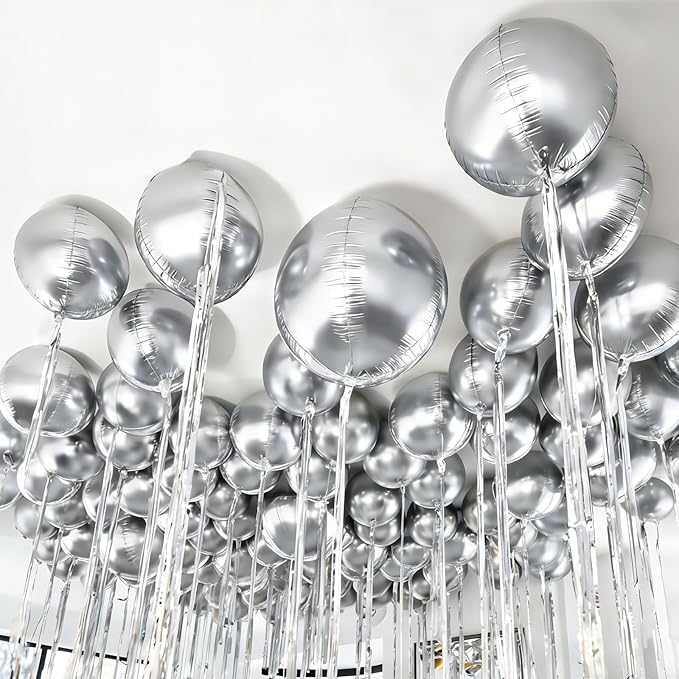 12 Pcs Silver Foil Balloons, 22" 15" 10" 4D Ball Shape Balloons Mirror, Different Size Metallic Silver Balloons for Disco Graduation Birthday Wedding New Year Baby Shower Party decorations Backdrop