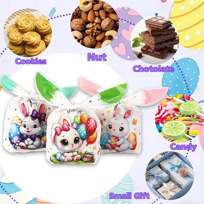 Easter Goodies Bags, Happy Easter Gift Bags, 100 Pcs Cute Bunny Plastic Treat Candy Cookie Snack Goody Reusable Bag for Gifts Wrapping Spring Holiday Easter Party Favor Decorations Supplies 6 Designs