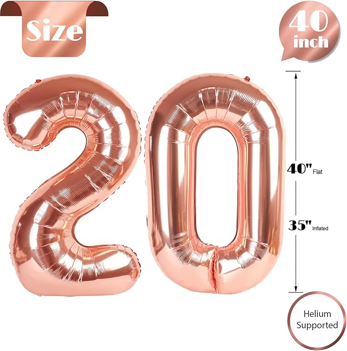 Rose Gold Number 20 Balloon 40 inch, 20 Number Balloons, 20th Birthday Decorations, 20 Year Old Women Men Rose Gold Party Supplies