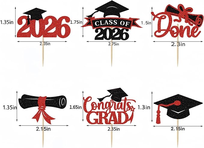2026 Graduation Cupcake Toppers, 36 pack Red Glitter Class of 2026 Congrats Grad Diploma Graduation Cap Cupcake Picks for 2026 Graduation Party decorating Supplies