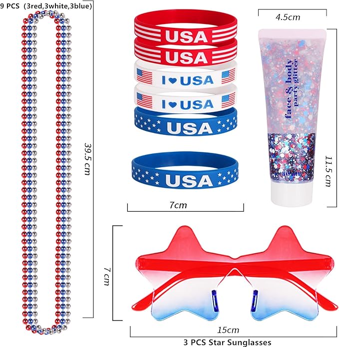 Go Ho 4th of July Outfits for Women,Red White and Blue Face Body Glitter Gel,9 PC Necklaces,3 Pairs Star Sunglasses and 6 PC Rubber Bracelets Wristbands Set for USA Patriotic Outfits Makeup