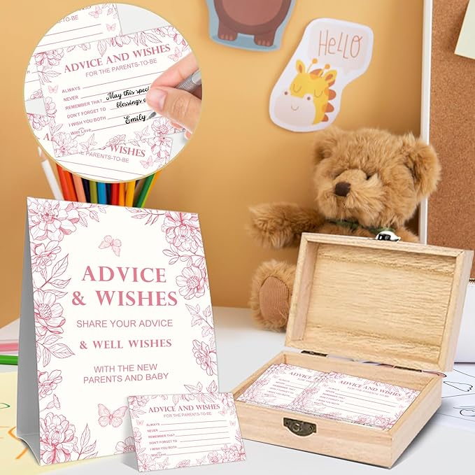 Pink Floral Baby Shower Advice Cards, Baby Shower Advice Boxes, Advice & Wishes Cards Box Presents for Babies, 50 Pcs Double Sided Card and Wooden Well Wish Box, Party Decoration Gifts for New Parents