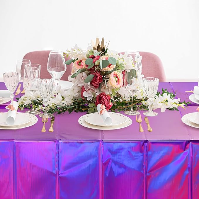 FunnyPars 1 Pack Iridescent Purple Plastic Tablecloths, Shiny Disposable Laser Rectangle Table Covers, Foil Tablecloth Iridescent Party Decorations for Kpop Birthday Bridal Wedding Decor, 54x108 Inch