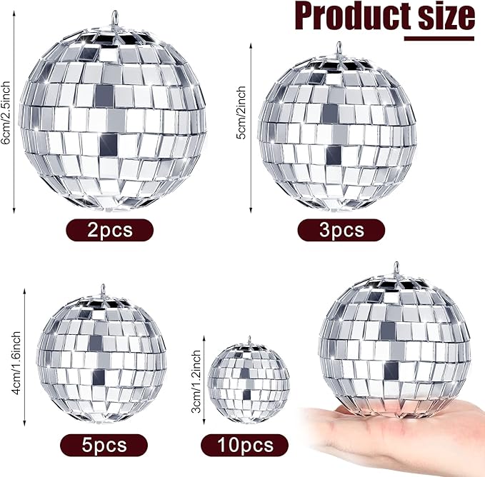 MTLEE 20 Pcs Disco Balls Decorations Assorted Size Party Decor Disco Ball Ornaments Mirror Mini Large Hanging with Rope for Wedding Festival Stage Prop
