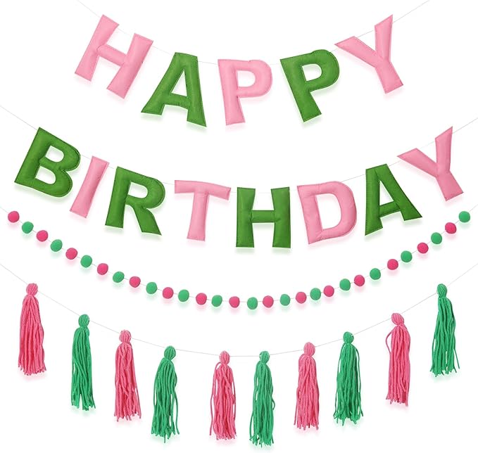 Pre-Strung Happy Birthday Banner Pink and Green Party Decorations Felt Ball Garland Sign for Witch Theme Birthday Party Décor