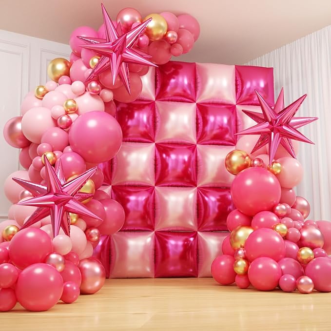 Metallic Magenta Hot Pink Flat Square Foil Balloons Backdrop Wall, Double Sided Tunnel with Latex Pink Balloon Arch Garland Kit for Valentine's Day Anniversary Bridal Wedding Birthday Party Decoration