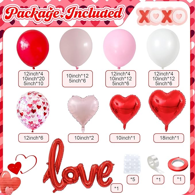 Valentines Day Balloon Arch Kit 114Pcs Red Pink White Balloon Garland Kit with Love Heart Foil Balloons Galentines Party Balloons Decorations for Marriage Proposal Engagement Wedding Mothers