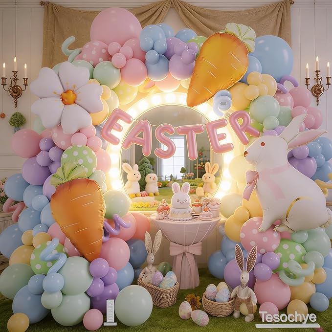 Easter Balloon Garlan Arch Kit with Bunny, Carrot, Daisy Foil Balloons,Pastel Balloon Garland Kit,Dot Printed Balloons for Easter Party Decorations Spring Birthday Decorations
