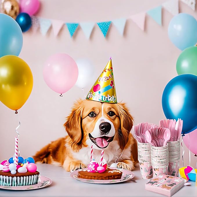 Jinei 350 Pcs Dog Birthday Party Supplies Pink Dog Tableware Set Serves 50 Guests Puppy Birthday Decorations Includes Pink Puppy Plates Cups Napkins Forks Knives Spoons for Party Supplies