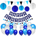 33 Packs Birthday Party Decorations, Happy Birthday Hanging Banner Circle Dot Triangles Honeycomb Balls Balloon Decor Set For Boys Girls Men Women Teen(Blue&Black)