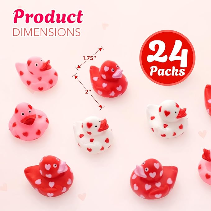 4E's Novelty 24 Pack Valentines Day Rubber Ducks - Bulk 2" Heart Themed Duckies for Jeep Ducking, Classroom Exchange Gifts for Kids School, Prizes, Giveaways, Party Favor Handouts