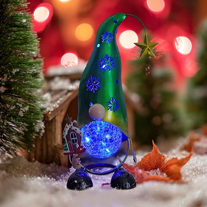HONGLAND Christmas Gnomes Garden Decor Solar Outdoor Decorations Gnome Yard for Mom, Color Changing LED Lights with Snowflake Hollowed-Out Hat (Green)