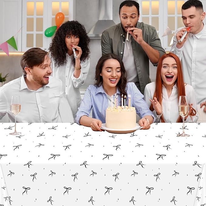 4Pcs Black Bow Birthday Party Decoration Girl Tablecloth Plastic Black White Bow Table Cloth Waterproof Rectangle Tablecover for Women Baby Shower Bachelorette Engagement Supplies 108x54in
