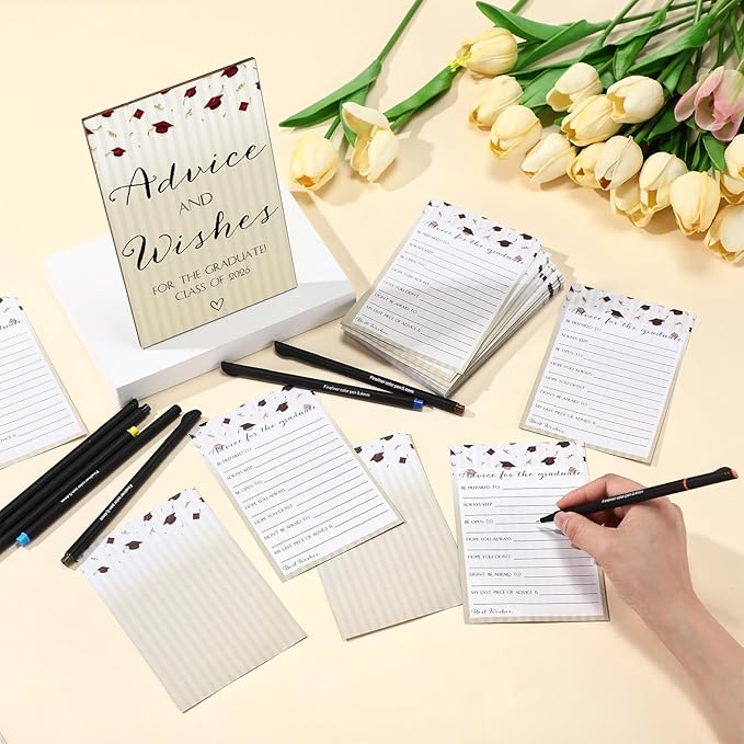 113 Pcs Class of 2026 Graduation Party Favors Include 1 Advice and Wishes Wooden Sign 100 Graduation Advice Cards with 12 Fineliner Ink Pens for The Graduate Class of 2026(Red)