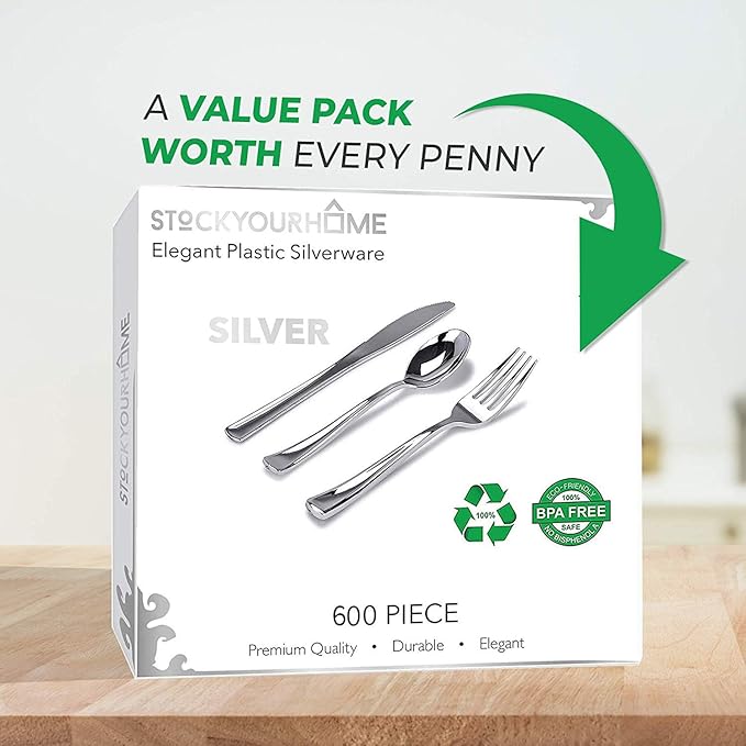 Silver Plastic Silverware Set (600-Pack) – Disposable Heavy Duty Cutlery, 200 Forks, 200 Knives, 200 Spoons for Parties, Weddings, Dinners & Holidays