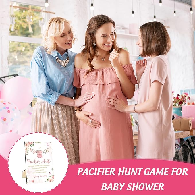 Whaline 51 Pcs Pacifier Hunt Baby Shower Game Include Pink Watercolor Flower Clothes Wooden Sign 50 Pink Plastic Pacifier for Gender Reveal Party Favor Gift Supplies