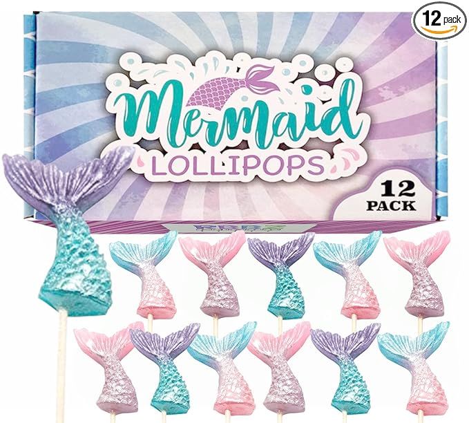 Mermaid Candy Lollipops - 12 Suckers Individually Wrapped - Great for Mermaid Party Favors - Goodie Bags for Kids Birthday - Candy Bar - Pretty Mermaid Tails Cupcake Toppers