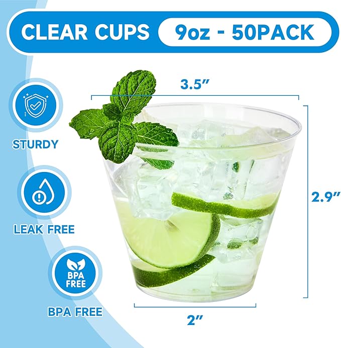 RACETOP 9 oz 50 packs Clear Disposable Plastic Cups, Durable Plastic Cups Tumblers, Perfect for Parties, Wedding and Festival Events