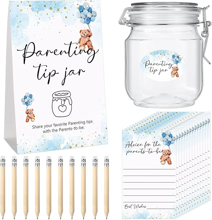 Roowest Baby Shower to Baby Advice Cards for New Parents to Be - Tip Jar Sign for New Parents 60 Parenting Advice Cards 10 HB Pencils 2 Cute Stickers 1 Pet Bottle for Guests Games(Blue Bear)