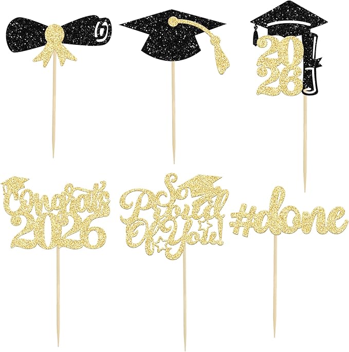 Gyufise 24Pcs Graduation Cupcake Toppers 2026 Gold Glitter Class of 2026 Cupcake Toppers Supplies So Proud of You Grad Cap Diploma Cupcake Picks for Graduation Party Decorations 2026