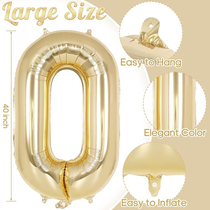 Light Gold Number 0 Balloon 40 Inch, Big Large Foil Helium White Gold Number Balloons, Giant Mylar Number 0 Balloons for Birthday Party Decorations Supplies Anniversary