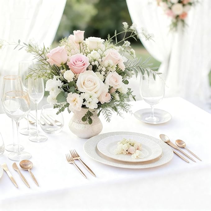 MRJ 12 Packs White Disposable Tablecloths 54x108 Inch, Waterproof Table Cover for Weddings Baby Showers & Events