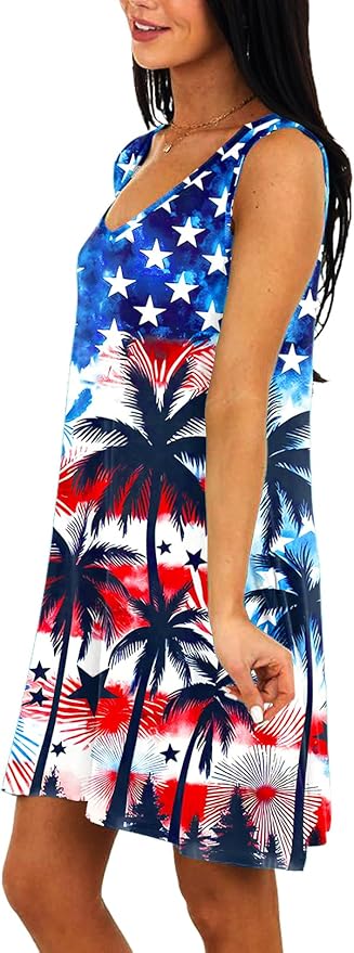 Deerose Women 4th of July Sleeeveless Dress Patriotic V Neck Tank Dresses with Pockets