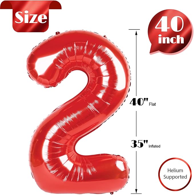 Red Number 2 Balloon 40 Inch, 2 Balloon Number, 2nd Birthday Decorations for Baby Girls Boys Toddlers