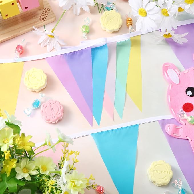 Tatuo 120 Pcs/45 Feet Pennant Banner Flags 4 Pack Pastel Garland Party Decorations Colorful Triangle Bunting Banner Fabric Pennant Flag for Pastel Birthday Easter Garden Baby Shower Wedding Outdoor