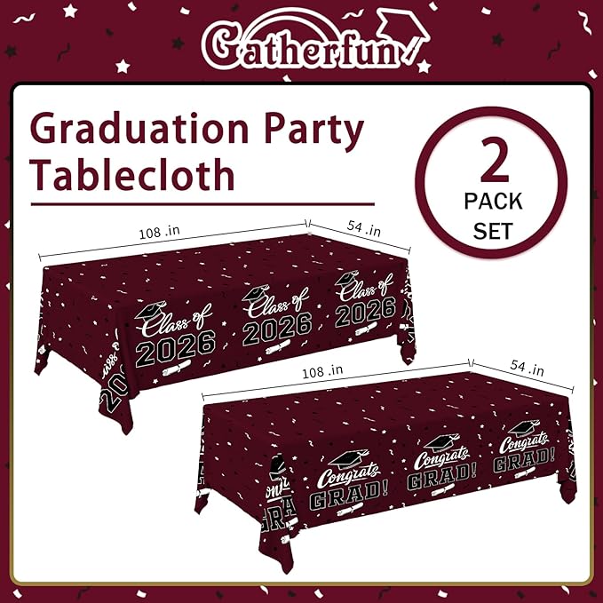 Gatherfun 2026 Graduation Decorations : 2-Pack Congrats Grad Disposable Tablecovers - Class of 2026 Maroon Themed Table Cloths, for Graduation Party Supplies & Graduation Backdrop, 54" X 108"