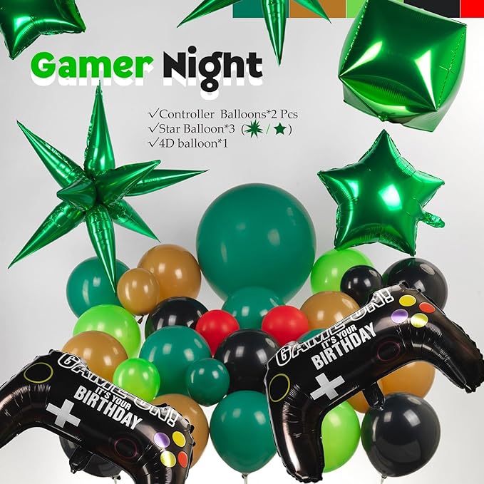 Video game Balloon garland kit 135pcs Green Black brown balloons with Controller Star mylar balloons Gamer night Decorations For Boy gaming birthday party supplies