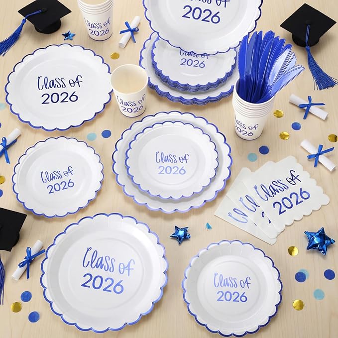 Class of 2026 Graduation Party Supplies, 175 Pcs Congrats Grad Paper Plates Napkins and Cups Cutlery Disposable Tableware Set for College High School Congrats Decorations, Serves 25(Blue)