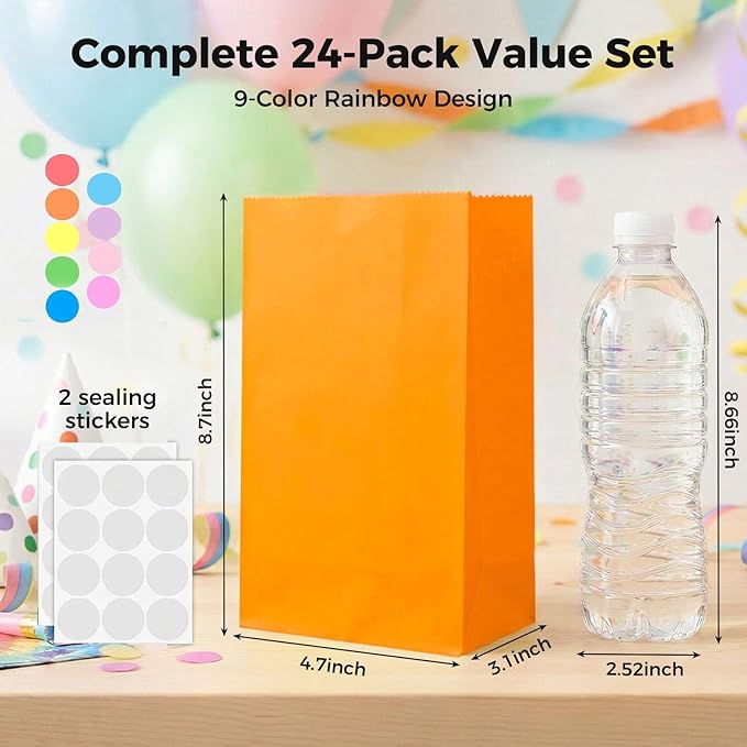 VGOODALL 24PCS Colored Paper Bags, Party Favor Treat Bags with Stickers Goodie 9 Colors for Wedding Birthday Baby Shower 8.7”x 4.7”x 3”